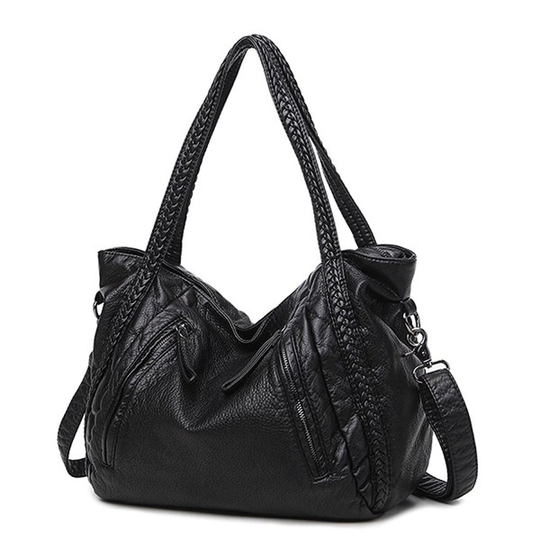 Mn&Sue Black Large Slouchy Soft Leather Women Handbag Braided Shoulder Tote Bag Lady Hobo ...
