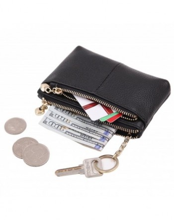 Women Genuine Leather Zip Mini Coin Purse With Key Ring Triple Zipper Card Holder Wallet - Black ...
