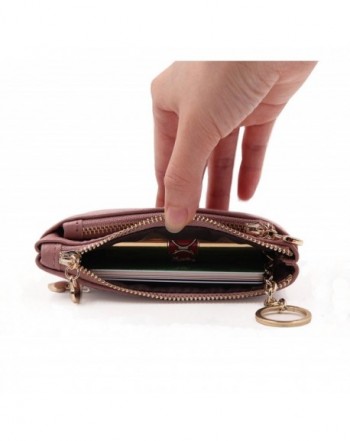 Women Genuine Leather Zip Mini Coin Purse With Key Ring Triple Zipper Card Holder Wallet - Pink ...
