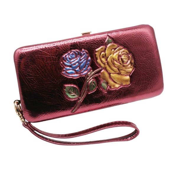 Women&#39;s Clutch Wallet Ladies Flat Phone Coin Purse Wristlet Hand Colored Rose - Red - CO1800KNS60