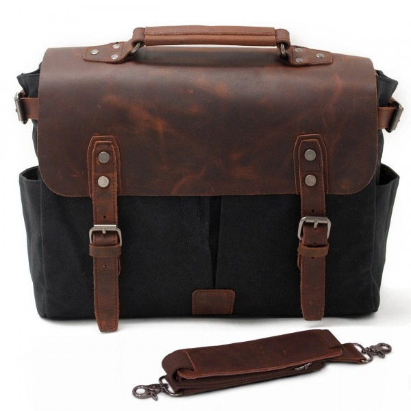 SUVOM Mens Canvas Messenger Bag 14&quot; Leather Laptop Bag Briefcase School Bookbag (Black) - Black ...