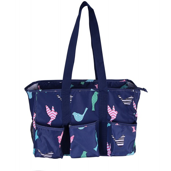 7 Pocket Tote Zipper Navy Birds