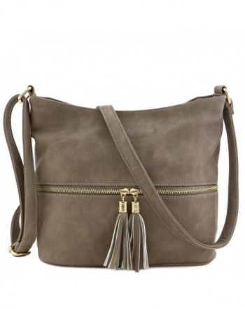 Tassel Zipper Bucket Crossbody Taupe