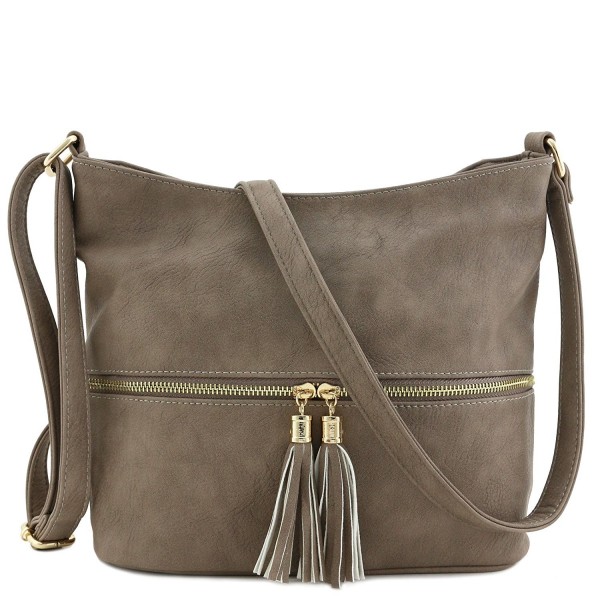 Tassel Zipper Bucket Crossbody Taupe