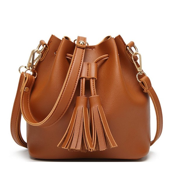 Brown Crossbody Bucket Drawstring Tassel