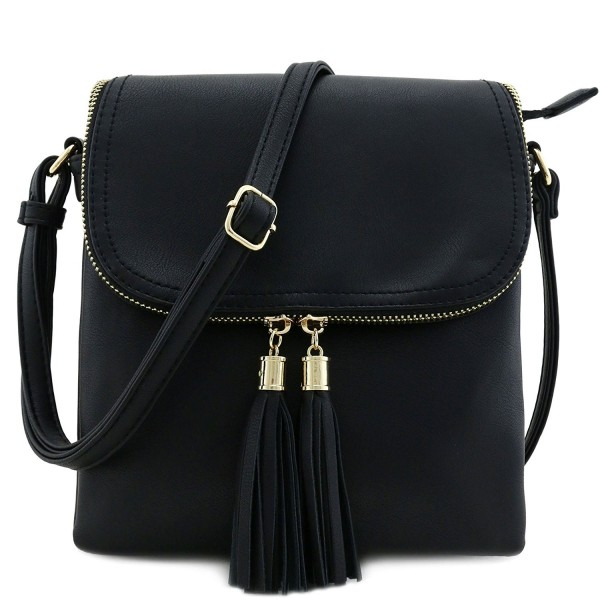 Flap Top Double Compartment Crossbody Bag with Tassel Accent - Black ...